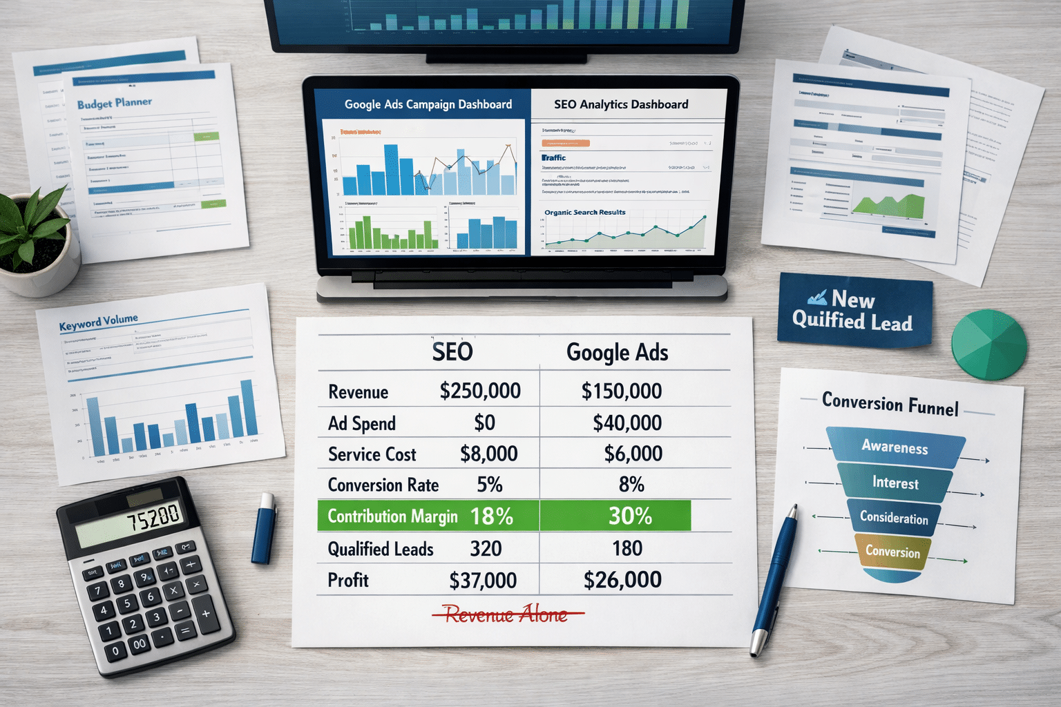 SEO vs Google Ads which is better: overhead workspace compares revenue, costs, margins, qualified leads, and profit.