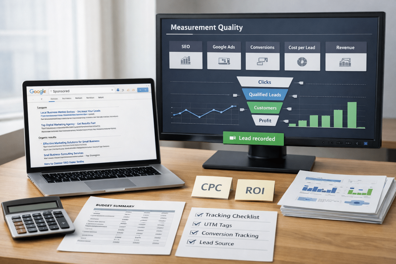 Workspace showing SEO vs Google Ads which is better, with search results, analytics dashboard, reports, calculator, and tracking checklist.