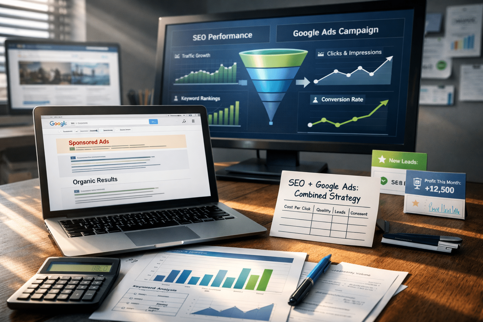 Desk displays SEO and Google Ads results, reports, charts, and growth metrics, illustrating “SEO vs Google Ads which is better.”