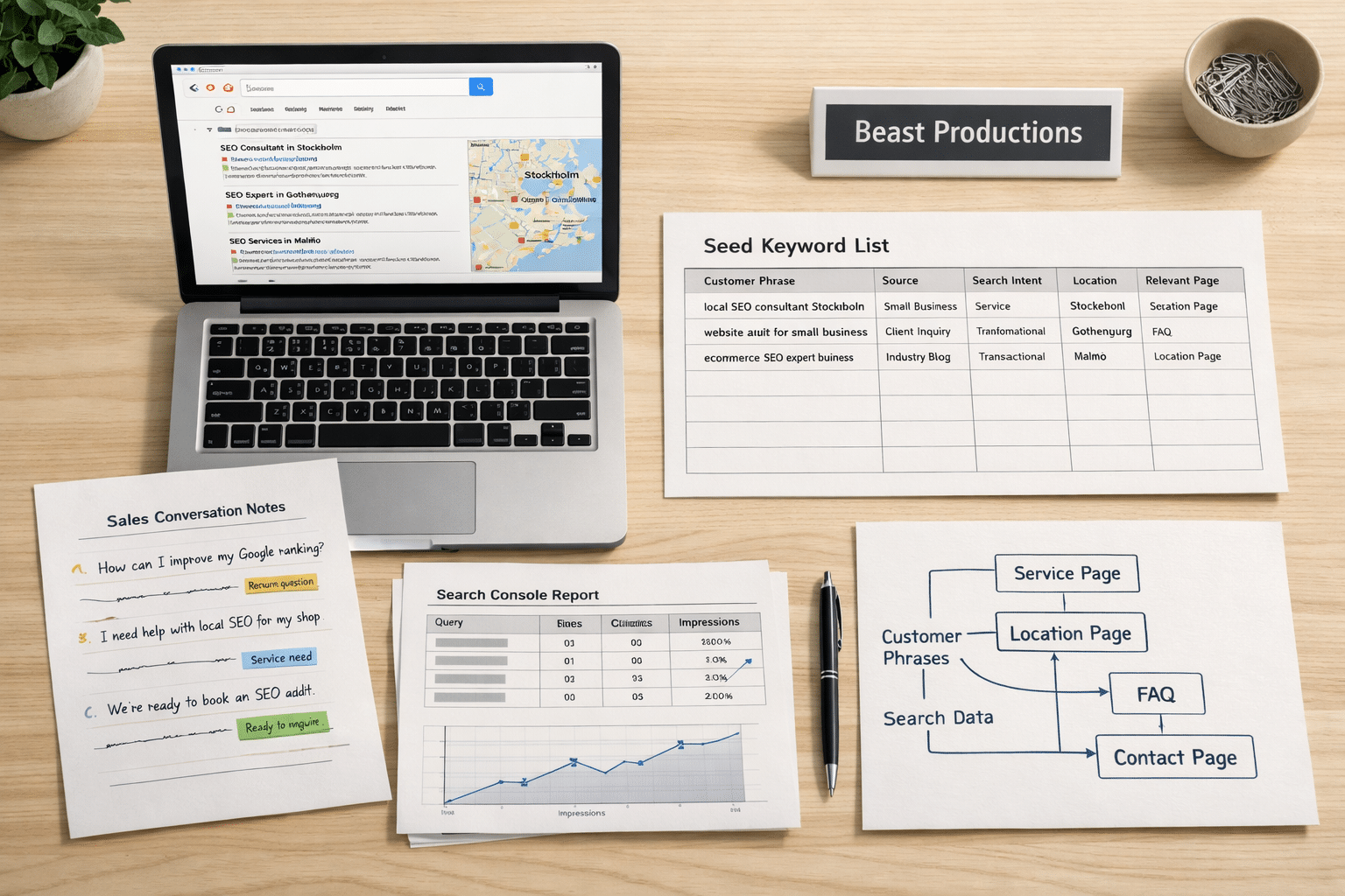 Keyword research and strategy flat lay with laptop, SEO seed spreadsheet, customer notes, Search Console data, and page mapping.
