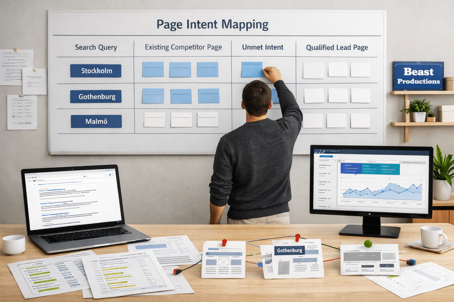 Scandinavian SEO workspace mapping keyword research and strategy across search intent, competitor pages, and Swedish locations.