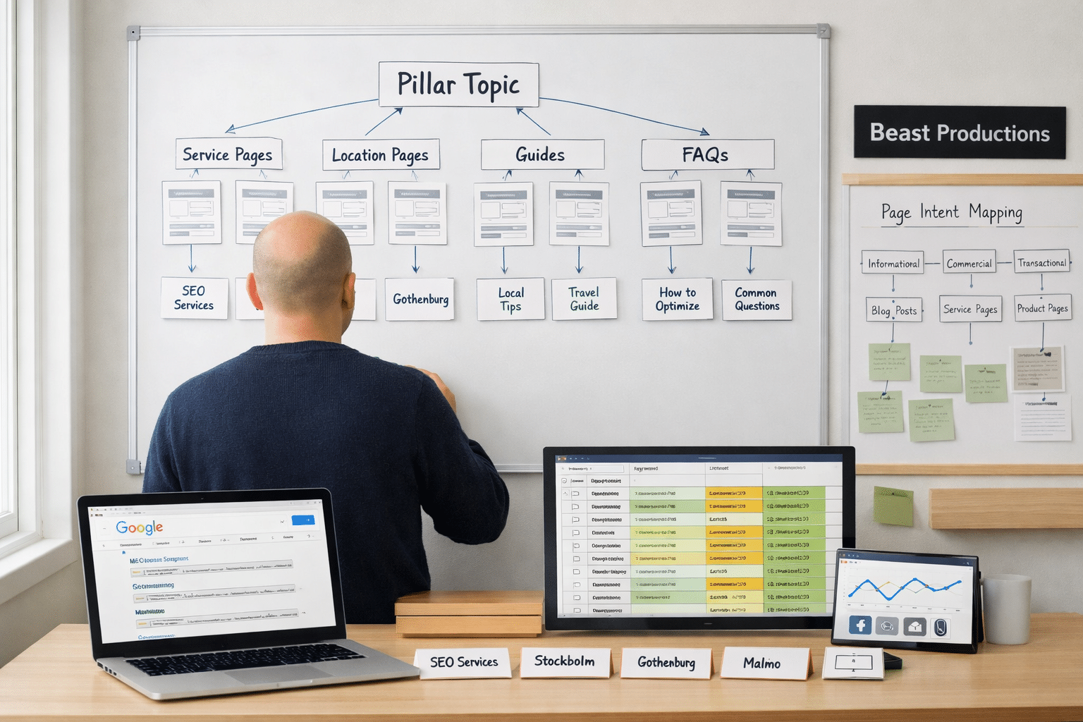 Faceless Swedish business owner maps keyword research and strategy on a whiteboard with topic clusters, page types, and SEO data.