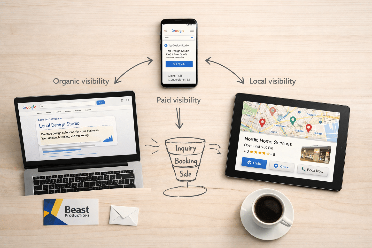 Flat lay showing what is digital marketing: organic, paid, and local visibility screens linked to inquiries, bookings, and sales.