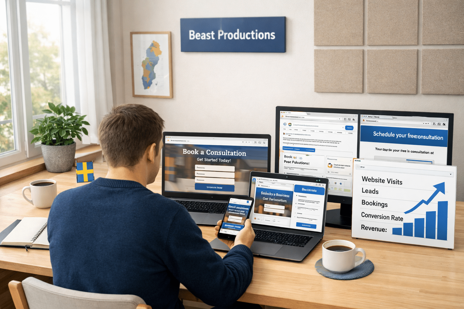 Swedish business owner reviewing a website, ads, analytics, and bookings; illustrates what is digital marketing in action.