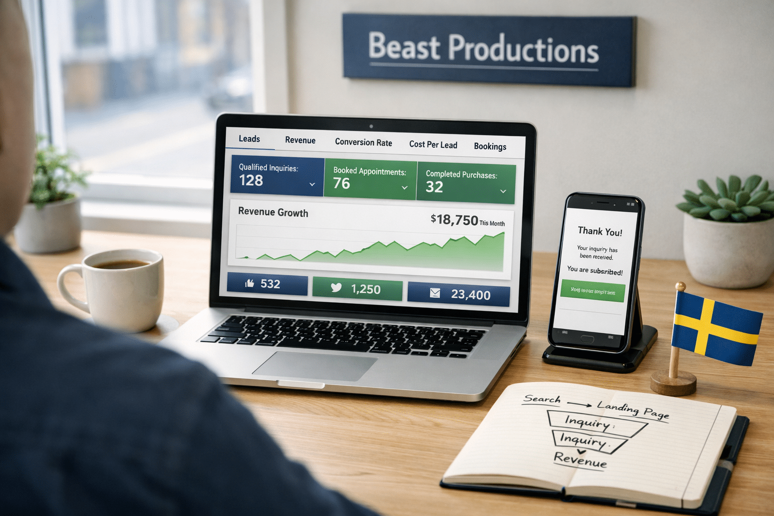 Business owner reviews Google Ads leads and revenue dashboard beside a phone and conversion funnel; what is digital marketing.