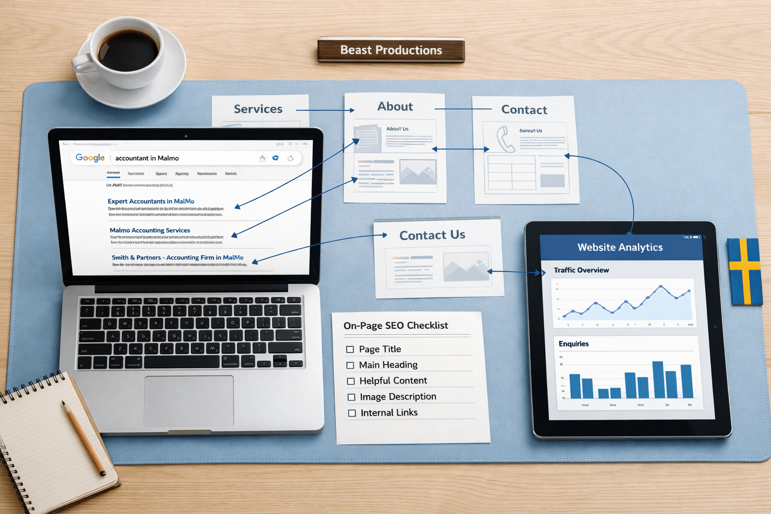 Flat-lay workspace showing SEO search results, analytics, wireframes, and checklist answering what is SEO, with Swedish accents.