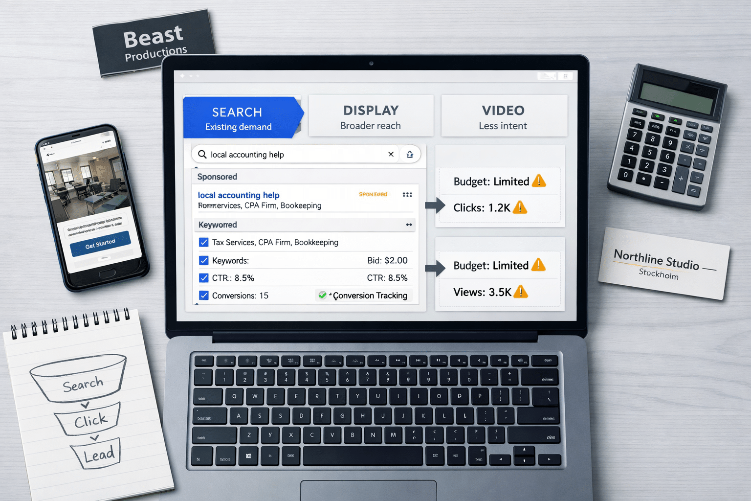 Flat-lay workspace with laptop comparing Search, Display, and Video Google Ads campaigns; notebook asks what is Google Ads.