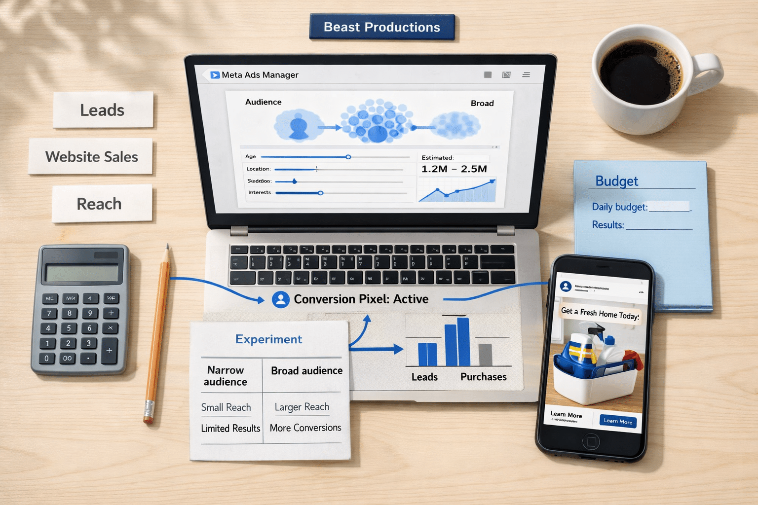 Overhead Meta Ads workspace with broader Swedish targeting, ad placements, budget notes, and rising results; what is Meta Ads illustrated.