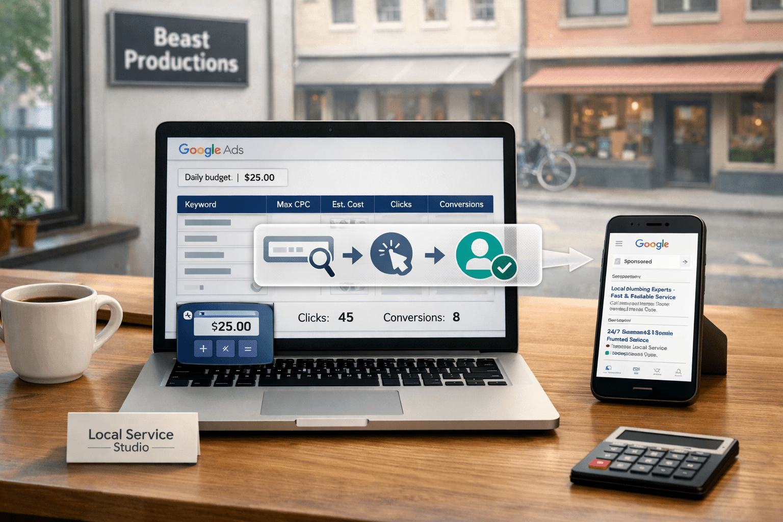 Modern Swedish workspace with laptop and phone showing Google Ads campaigns, sponsored search results, and tracked leads—what is Google Ads.