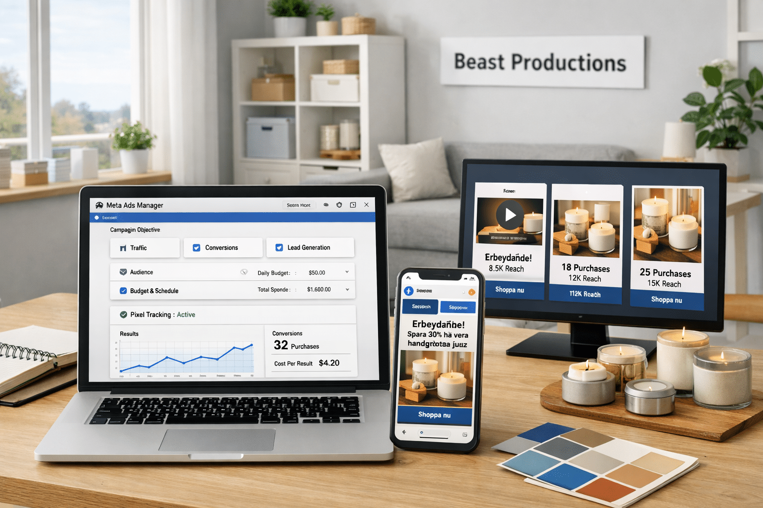 Scandinavian studio with laptop and phone showing Meta Ads campaign dashboards and mobile previews, illustrating what is Meta Ads.