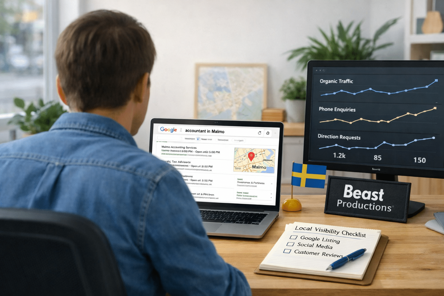 Business owner reviews “accountant in Malmo” search results at a desk, with analytics and a what is SEO checklist.