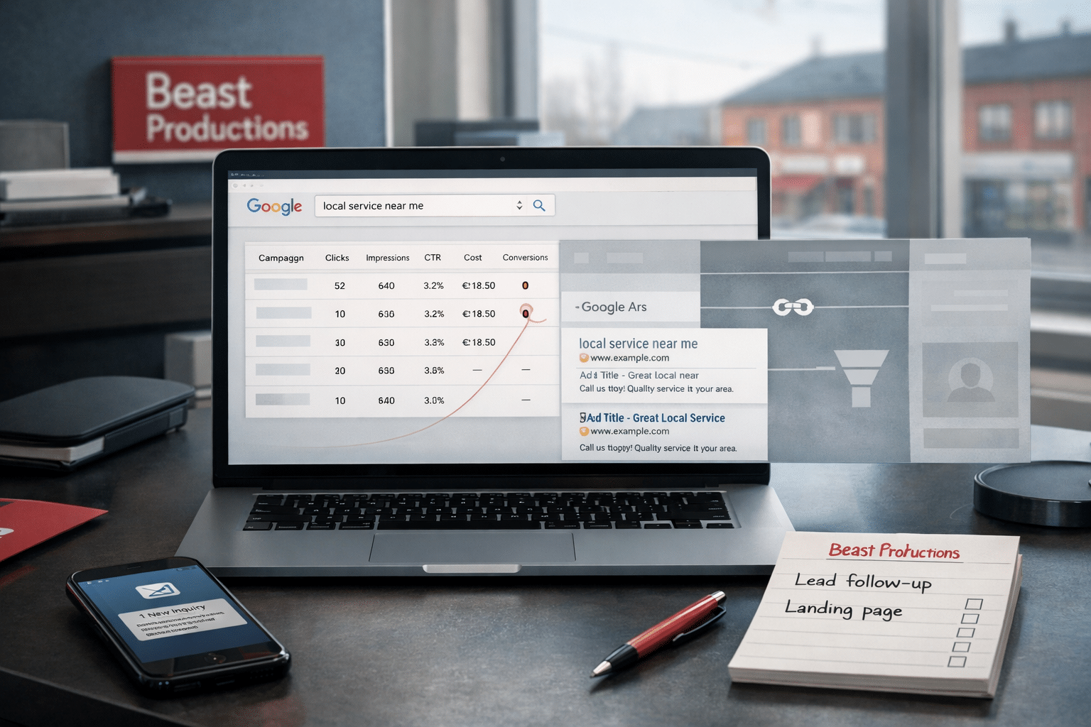 what is Google Ads dashboard shows rising clicks but zero conversions, broken tracking, unanswered inquiry, and unchecked lead follow-up tasks.