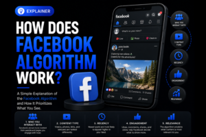 Facebook algorithm explainer with a smartphone and Facebook logo.