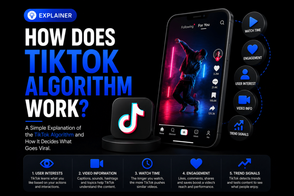 TikTok algorithm explainer with a smartphone and TikTok logo.