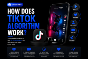 TikTok algorithm explainer with a smartphone and TikTok logo.