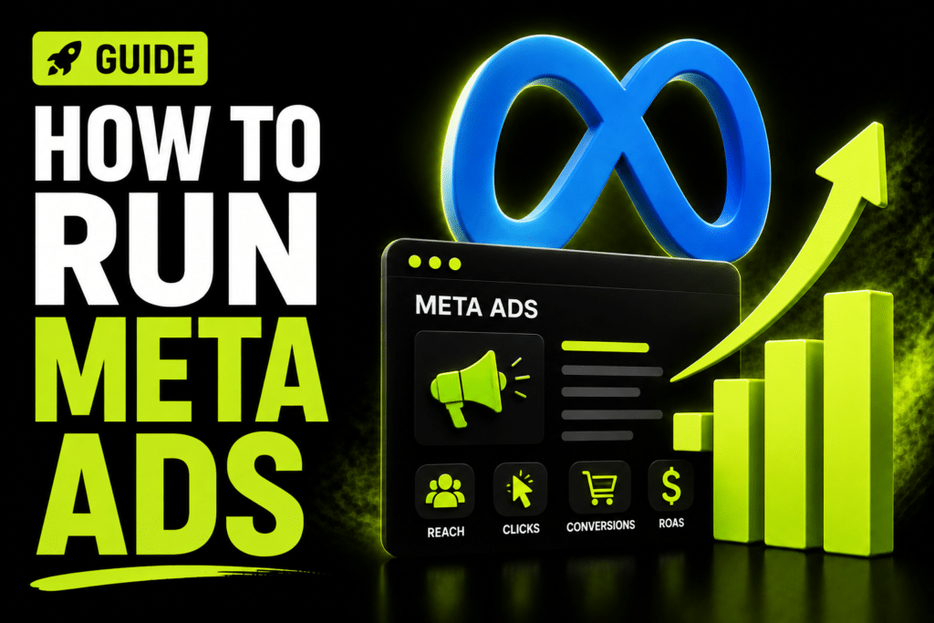 Meta Ads setup guide with the Meta logo and an illustrated growth chart.