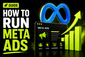 Meta Ads setup guide with the Meta logo and an illustrated growth chart.