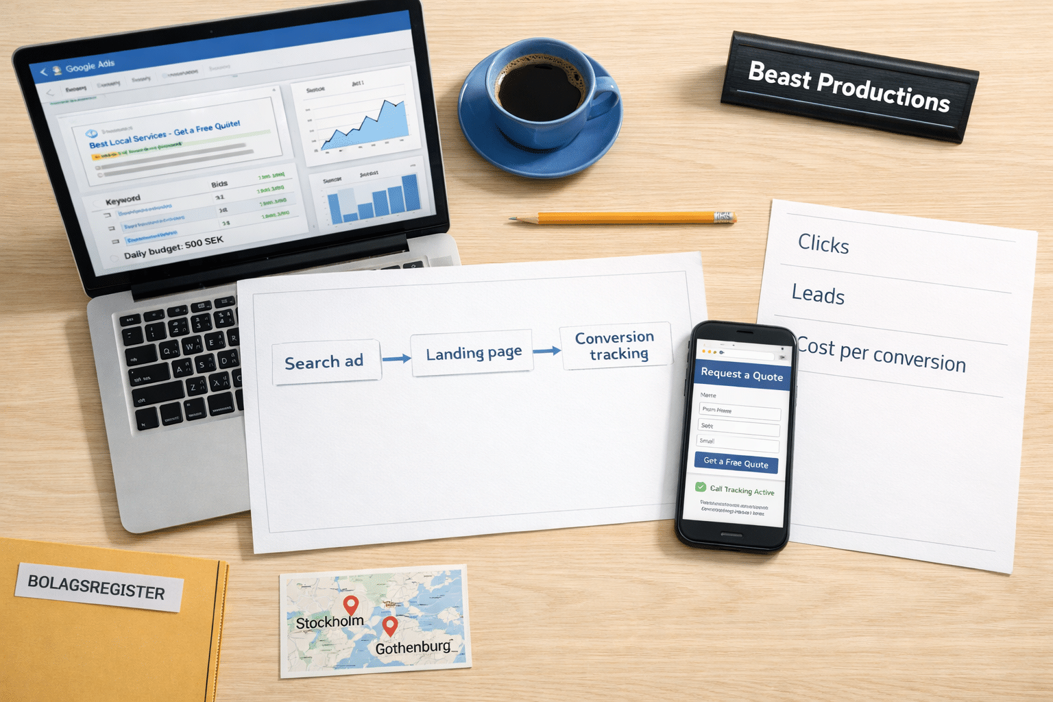 what is PPC: flat lay showing Google Ads, landing page, conversion tracking, and lead metrics on a Swedish workspace