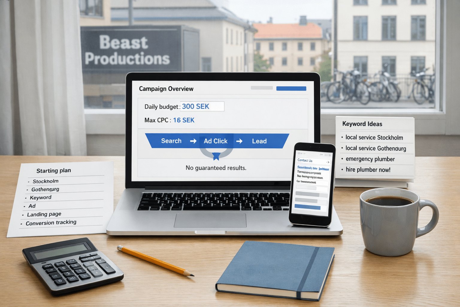 Modern Swedish workspace with PPC campaign dashboard, budget and CPC controls, planning sheet, and local search ads illustrating what is PPC.