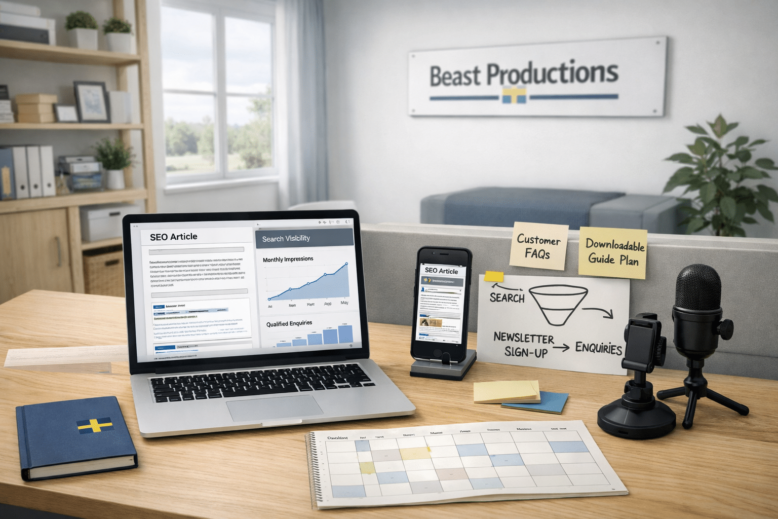 Modern Swedish content studio with SEO article, analytics growth chart, editorial calendar, and notes explaining what is content marketing