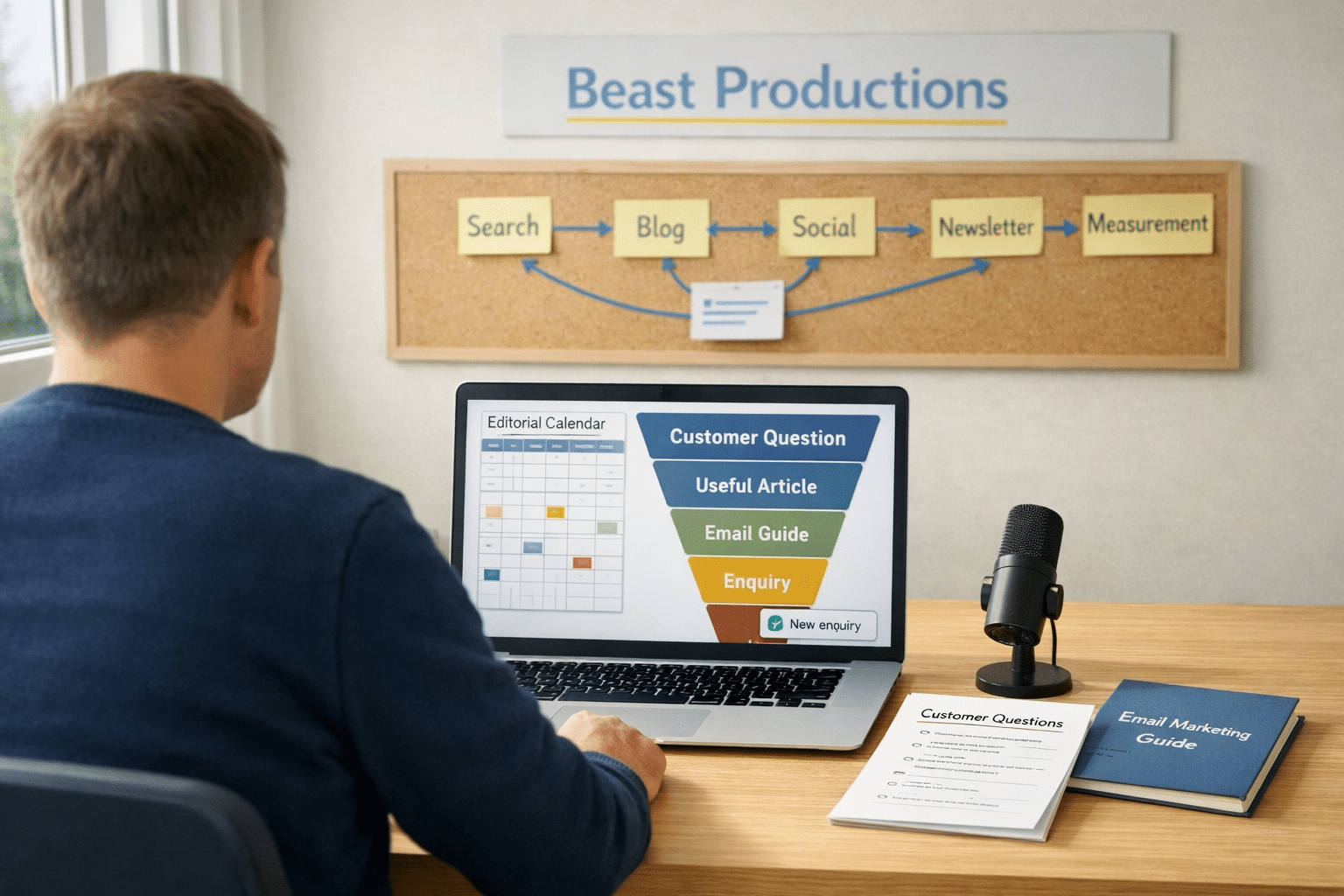 Business owner reviewing a content funnel—what is content marketing—on a laptop in a bright Scandinavian workspace.