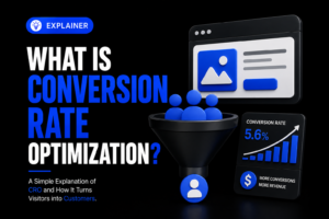 Conversion rate optimization explainer with an illustrated website and conversion chart.