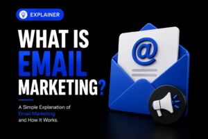 Email marketing explainer with a blue envelope, email symbol, and megaphone.