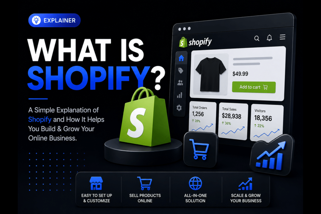 Shopify explainer with a shopping bag and an illustrated online store.