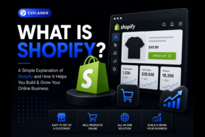 Shopify explainer with a shopping bag and an illustrated online store.