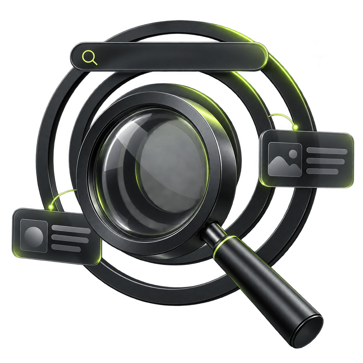 Magnifying glass surrounded by search result cards and dark rings with lime accents