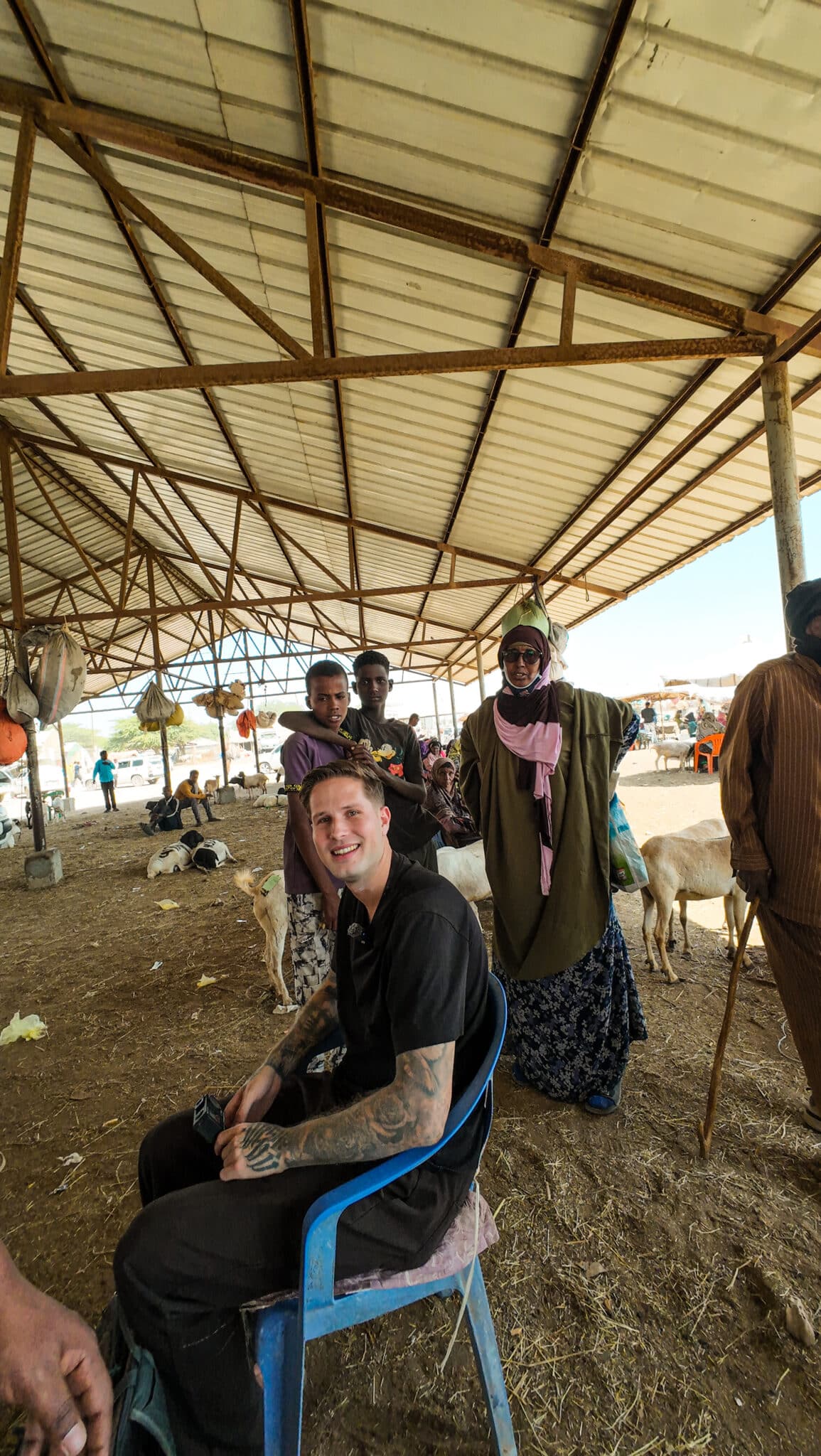 Jesper Hedlund seated on a blue chair at a covered livestock market.